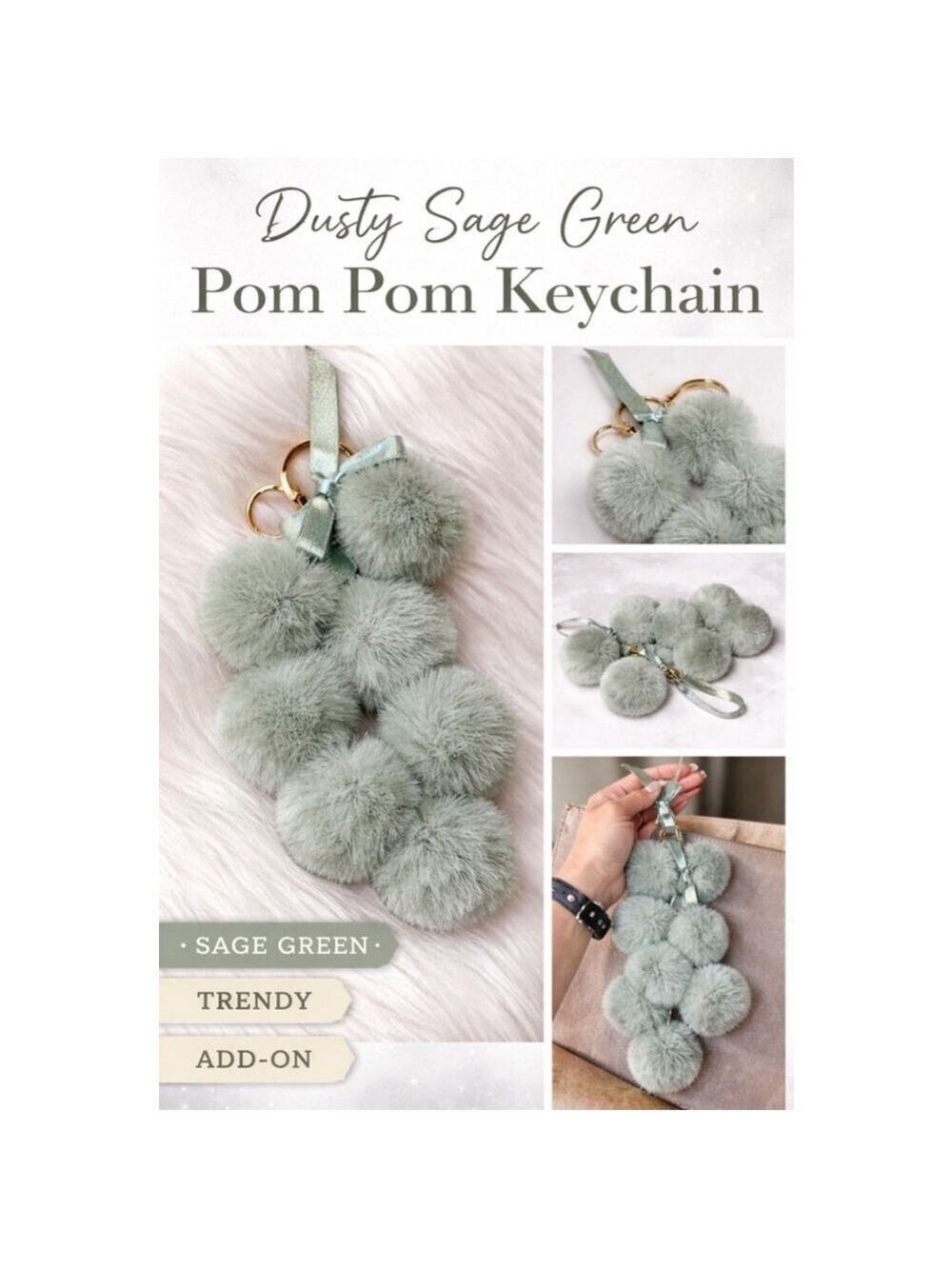Dusty Sage Green Pom Pom Keychain Charm Plush Bag Accessory Gold Clip